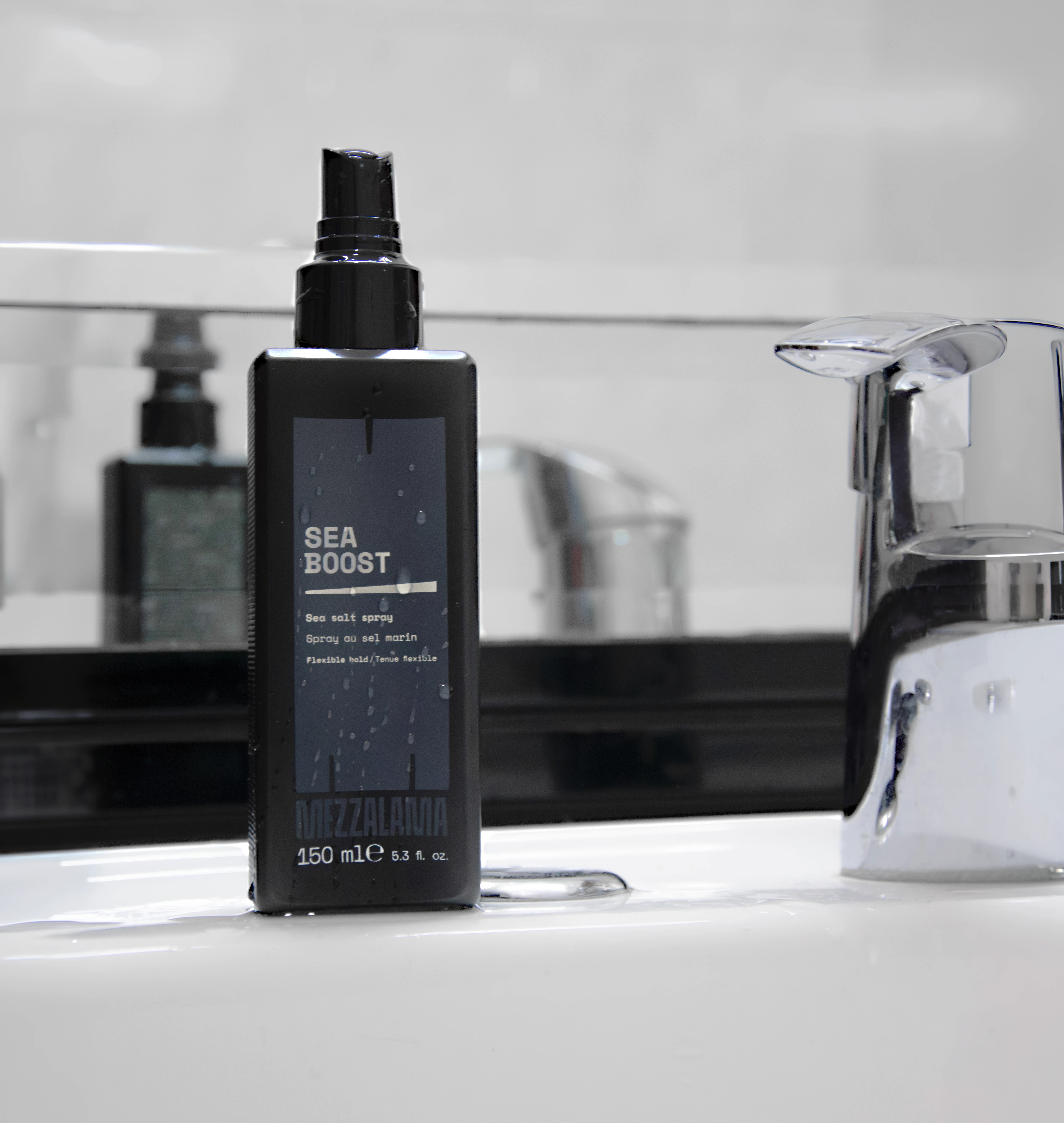 Mezzalama Sea Boost salt spray on a bathroom sink